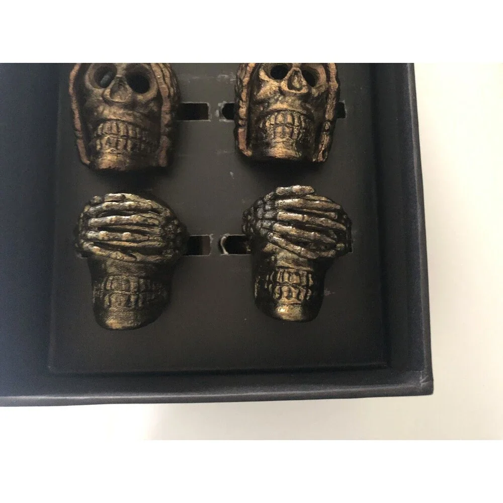 Rachel Zoe Skull Napkin Rings See Hear Speak No Evil Dark Gold Metal Set of 6